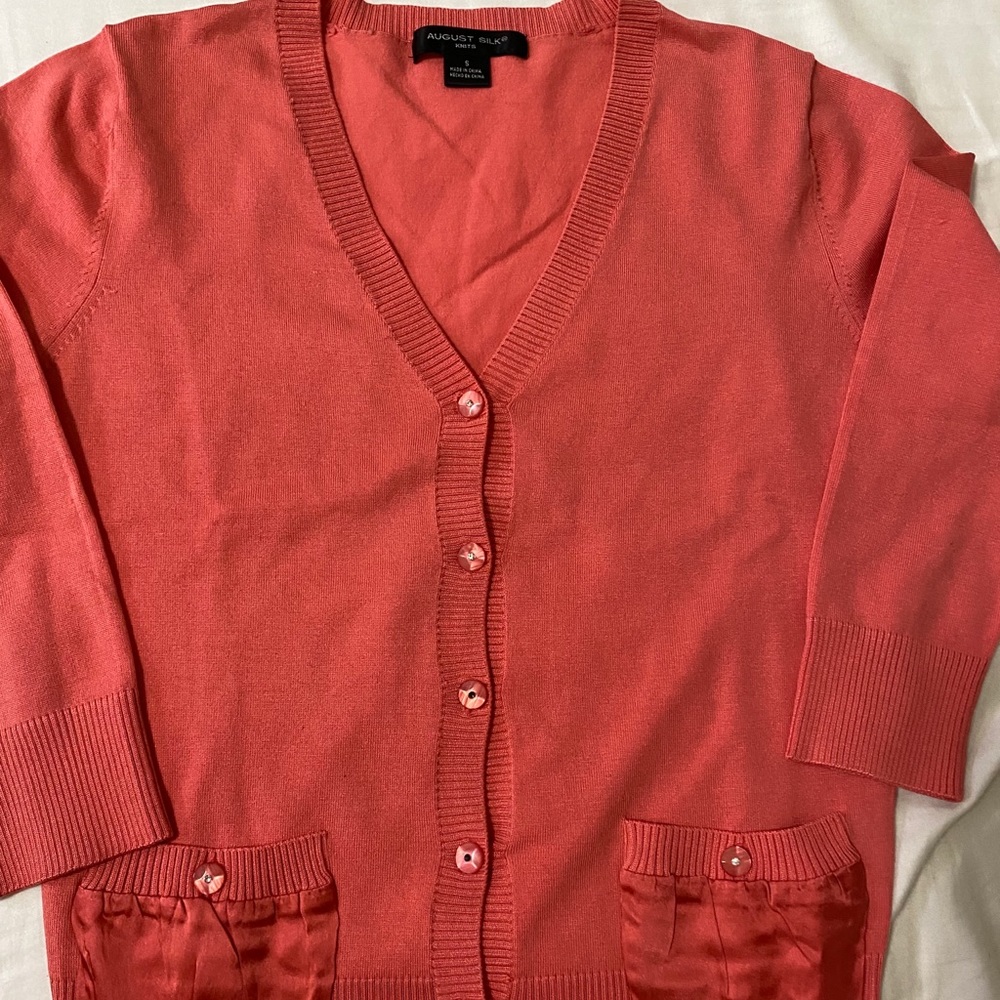 Brand New Orange Silk Pocked Cardigan .
